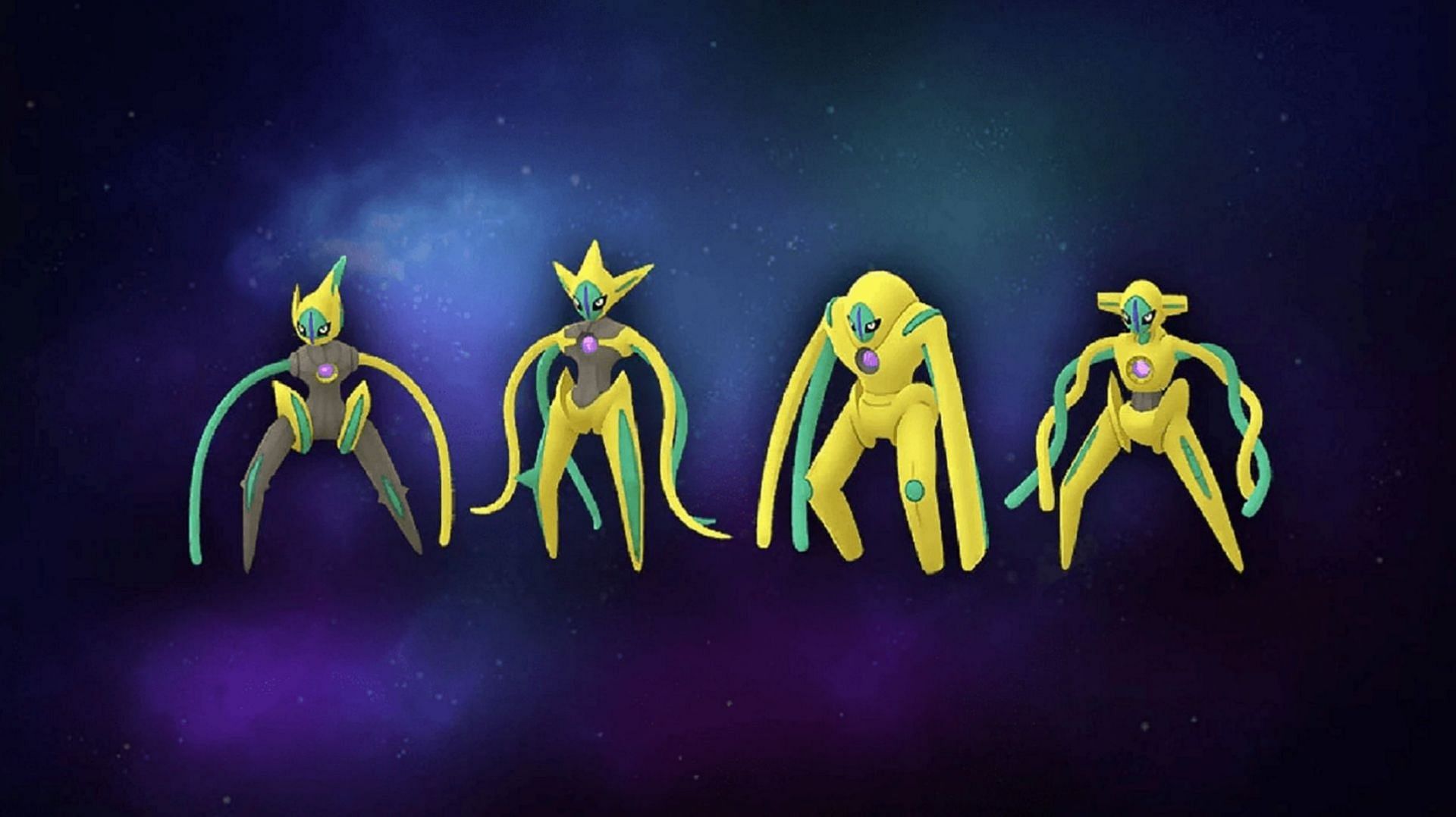 Shiny Deoxys as seen in each form in Pokemon GO (Image via Niantic)
